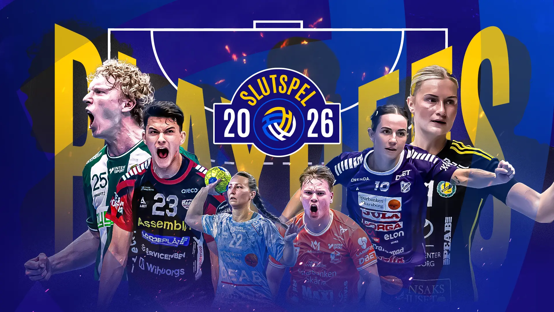 Slutspel 2026 — the master hero banner: cut-out players, ember sparks and an oversized PLAYOFFS wordmark behind the crest.